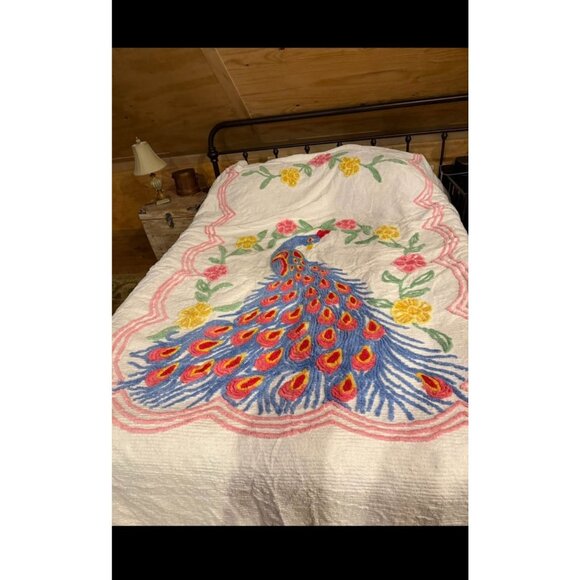Vintage 1950s Chenille Peacock Bedspread With Floral Design King Size Retro Cott - Picture 1 of 7